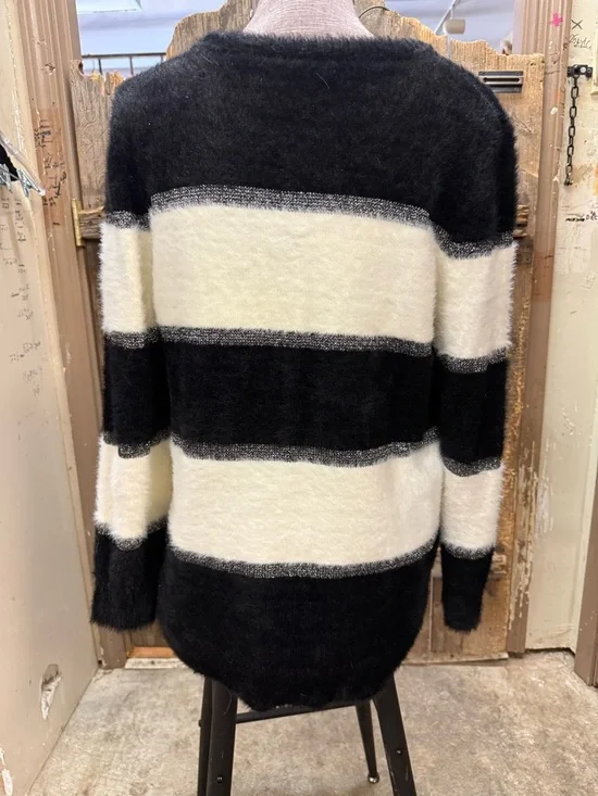 Andrew Marc Black & Cream Striped Fuzzy Crewneck Sweater - Picture 2 of 3
